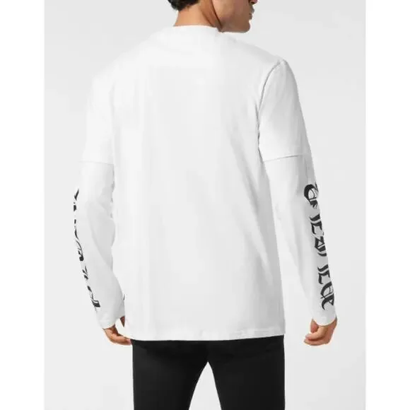 Philipp Plein Men's White Banner Embroidery Double Sleeve T-Shirt Size XXL